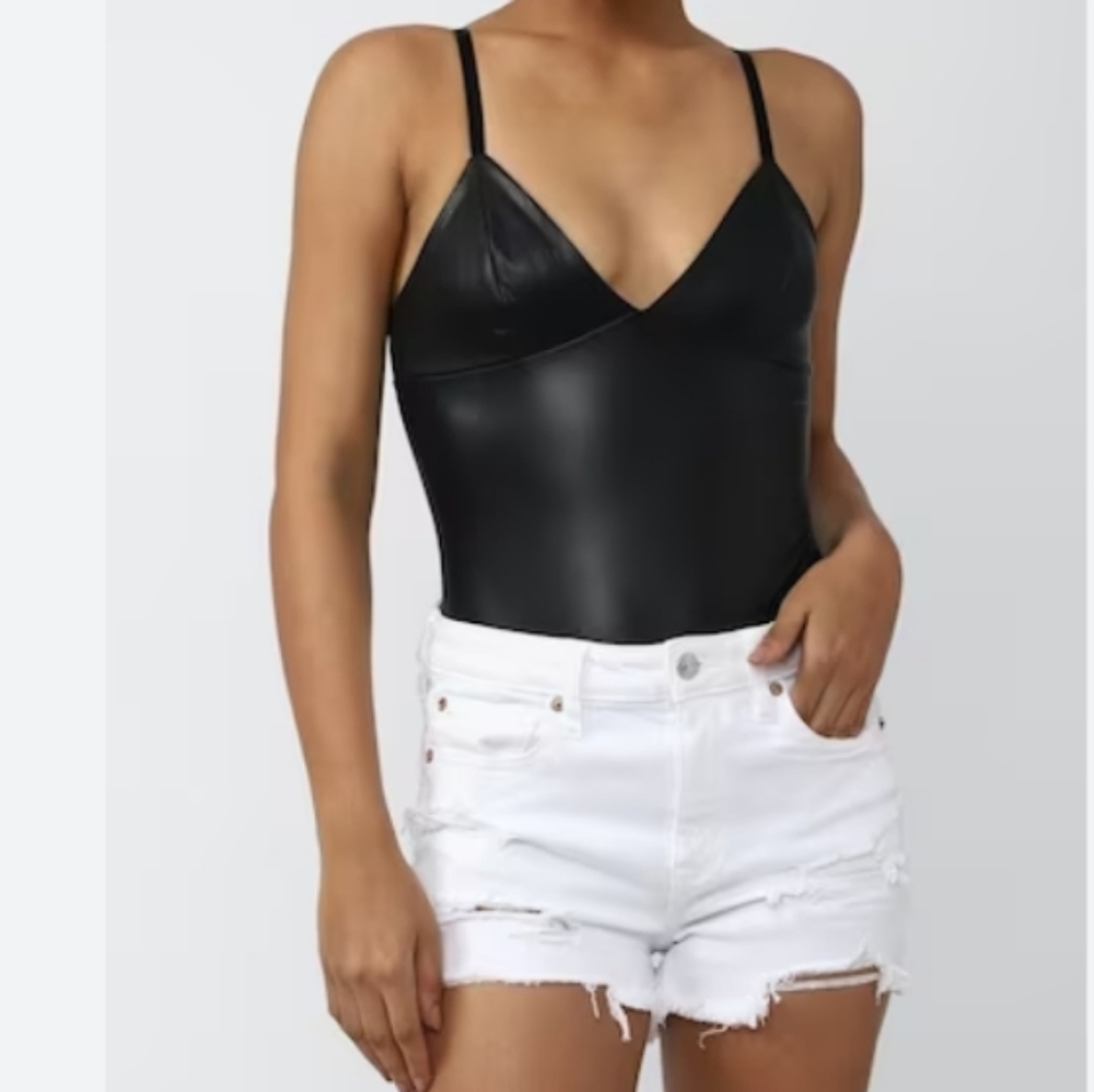 inLuv (Size S) Black Faux Leather Adjustable Straps Bodysuit